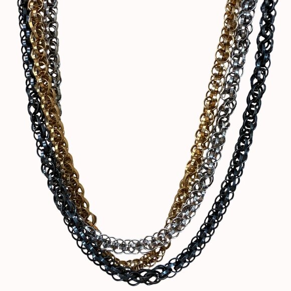 Multi-Tone Layered Chain Necklace Gold Silver & Black Metal Bold Statement - Picture 2 of 9